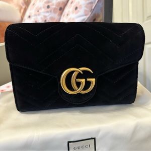 Pre-owned Gucci GG Marmont Wallet on Chain in Black Velvet